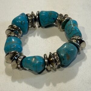 Turquoise Stone Silver Tone Stretch Bracelet‎ Bohemian Chic Jewelry